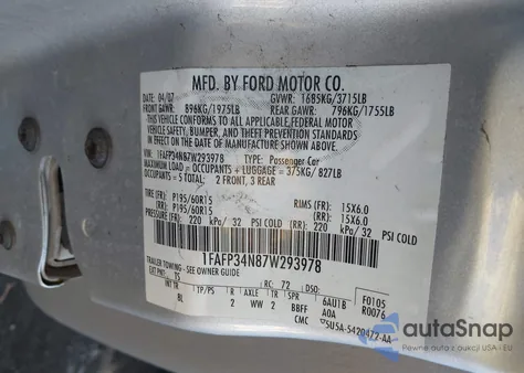 2007 Ford Focus S/Se/Ses z USA, uszkodzony, nr VIN 1FAFP34N87W293978